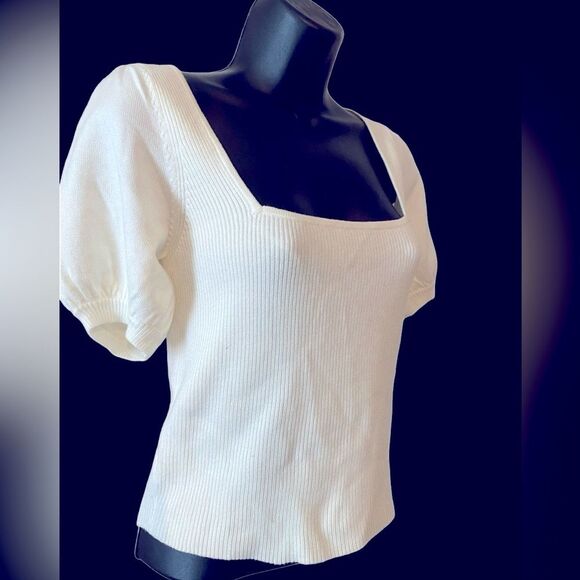 NWT square neck white ribbed crop top puff sleeves by French Connection size S. - Picture 4 of 10